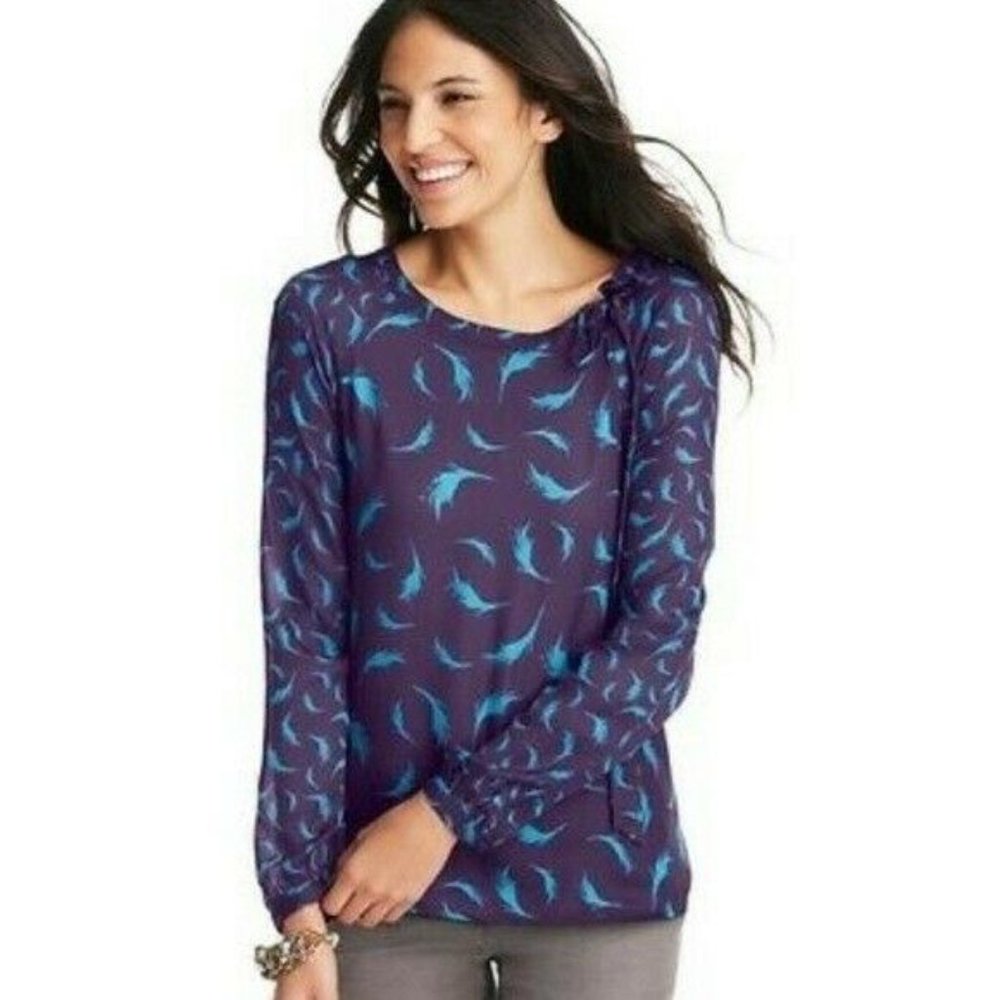 Ann Taylor LOFT Purple/Blue Long Sleeve Feather Print Sheer Blouse Size Small
